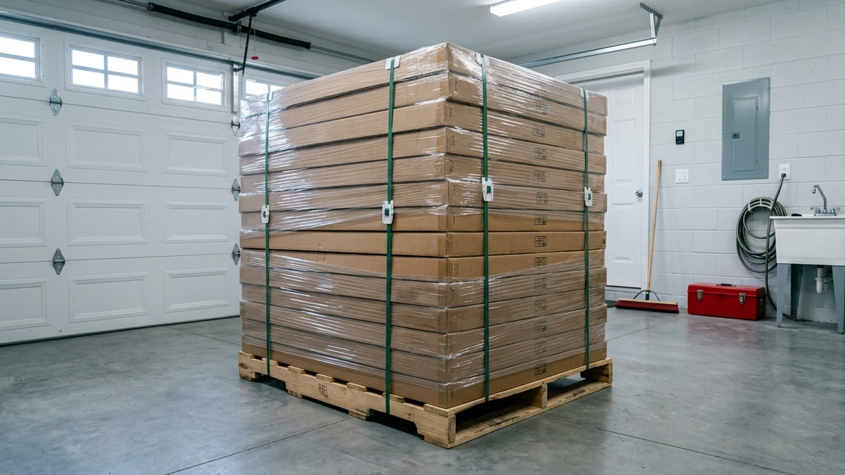 Cartons of new kitchen cabinets waiting in a garage during the remodel ordering phase