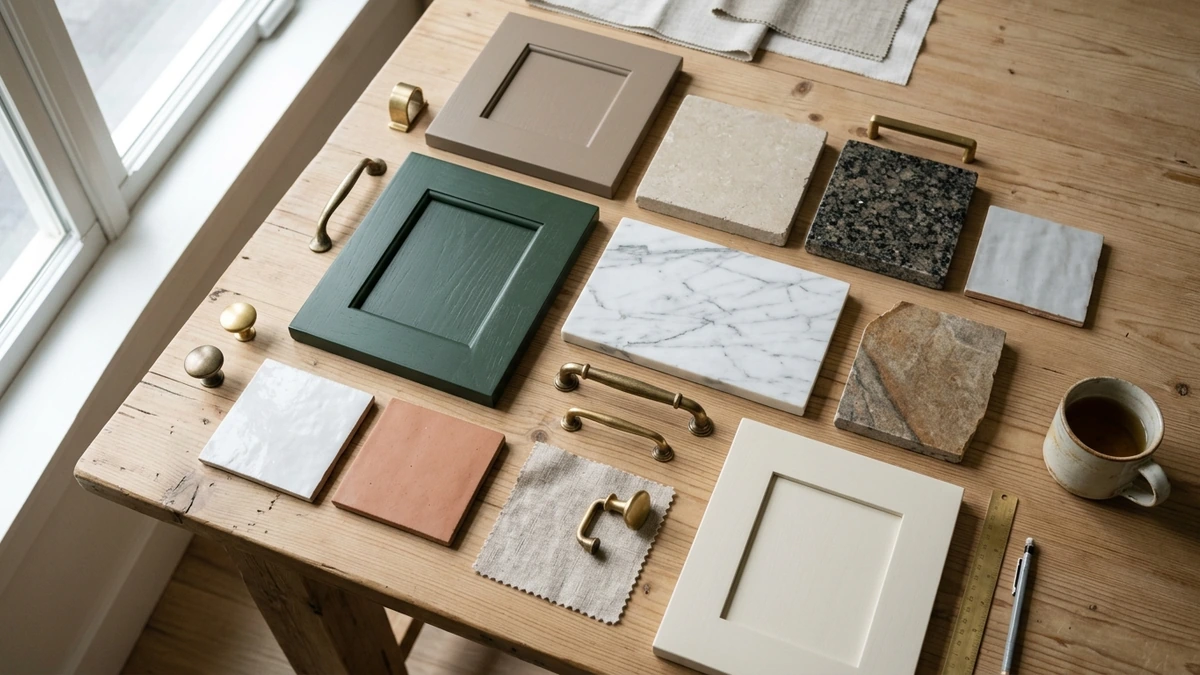 Cabinet, stone and tile samples laid out during the kitchen remodel design phase
