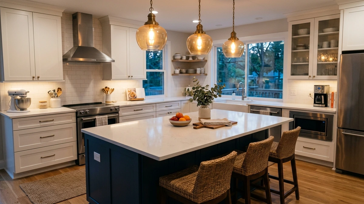 Finished Las Vegas kitchen remodel with a center island and pendant lighting