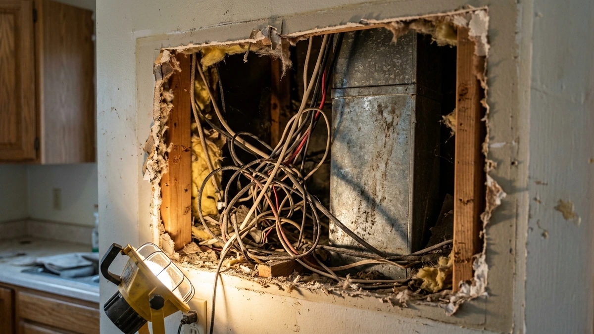 Opened kitchen wall revealing old wiring and ductwork that delays a kitchen remodel