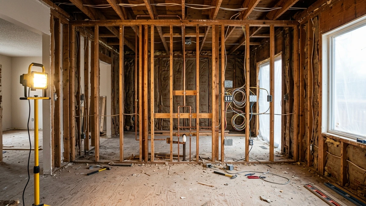 Kitchen stripped to studs with plumbing and electrical rough-in during remodel construction