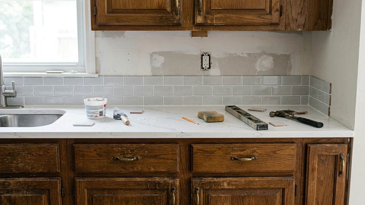 New counters and backsplash over original cabinets in a surface-swap kitchen remodel